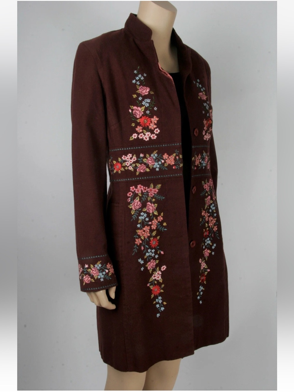 Anthropologie Rare Sleeping On Snow Embroidered Floral Coat Size 6 Maroon Jacket